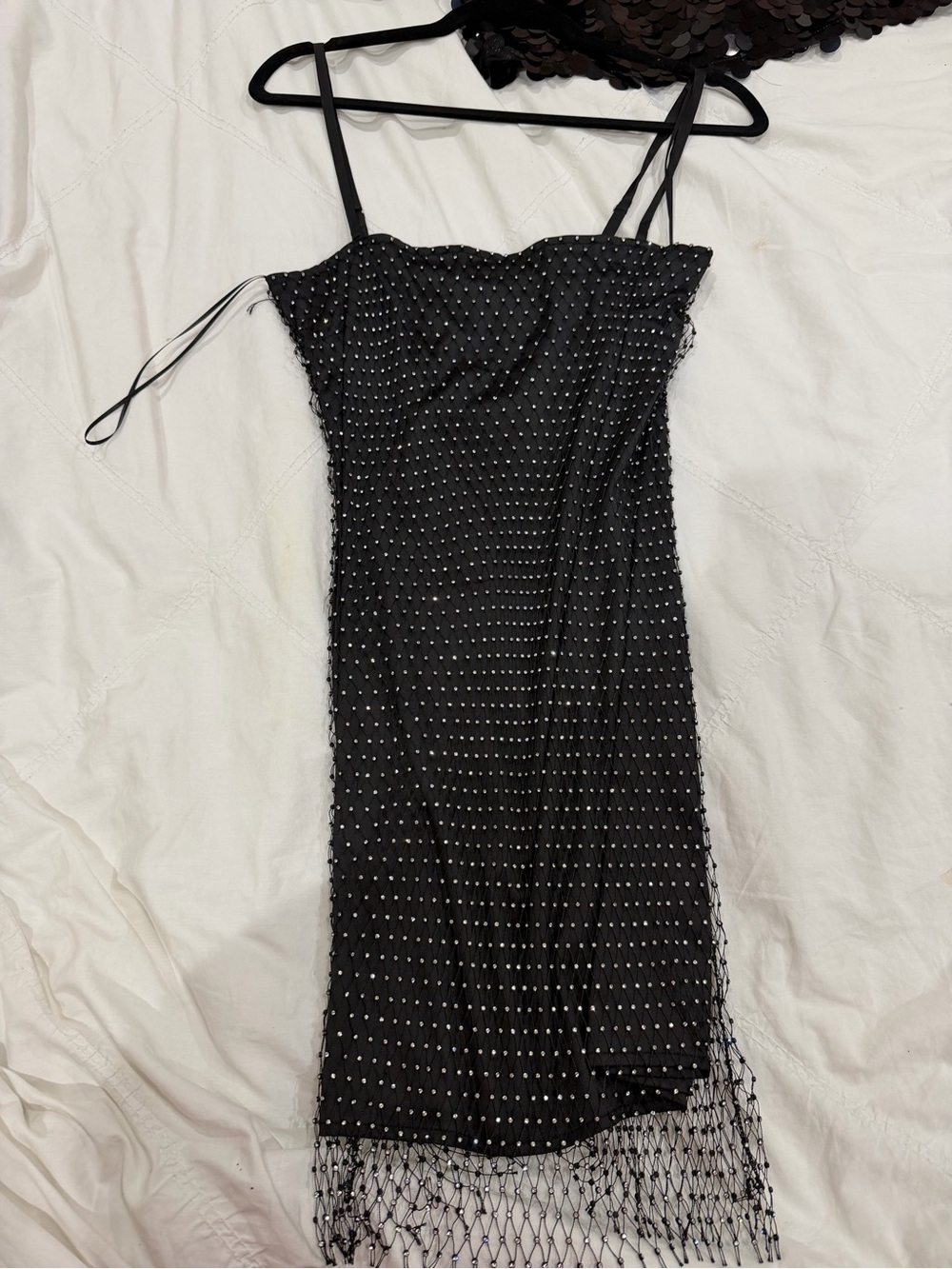 Lavish Black Beaded Mini Dress with Fringe Hem